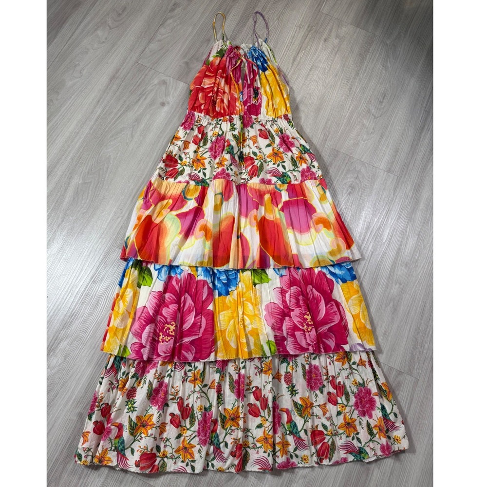 Farm Rio Women Tropical Floral Toucan Tiered Halter Maxi Dress Multicolor Small - Picture 2 of 14